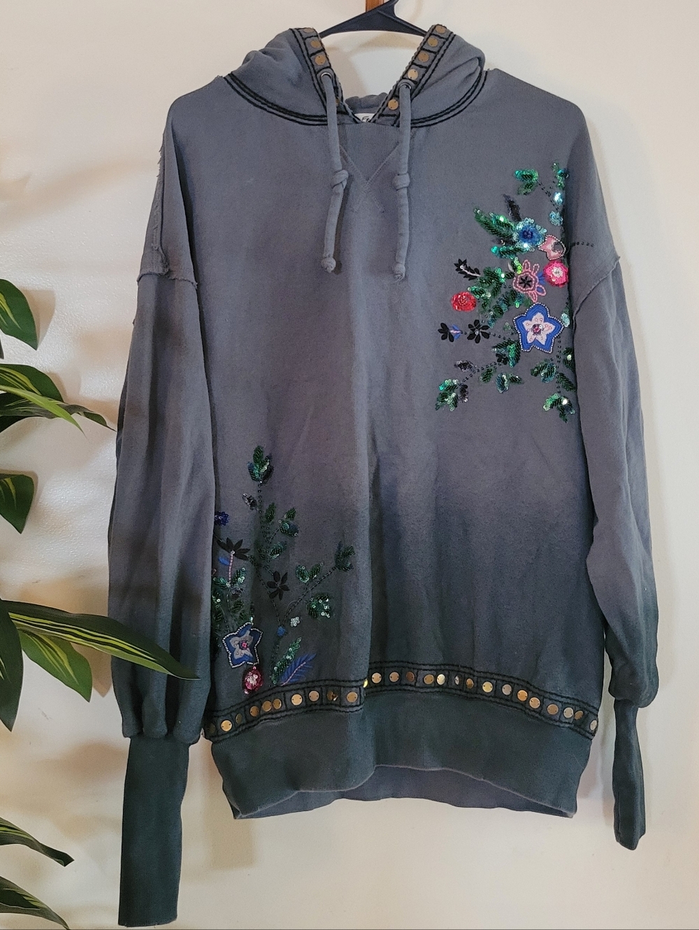 We The Free Oversized Greyish Ombre Bedazzled Floral Decorative Unique Hoodie